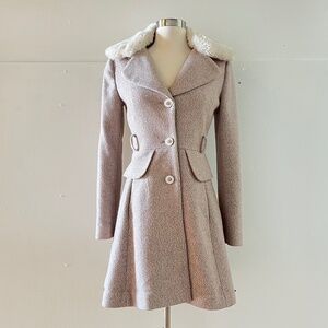 Tweed Wool Coat Belt Slim Fit  A-line Faux Fur Lapel Pastel Pink Retro Vintage